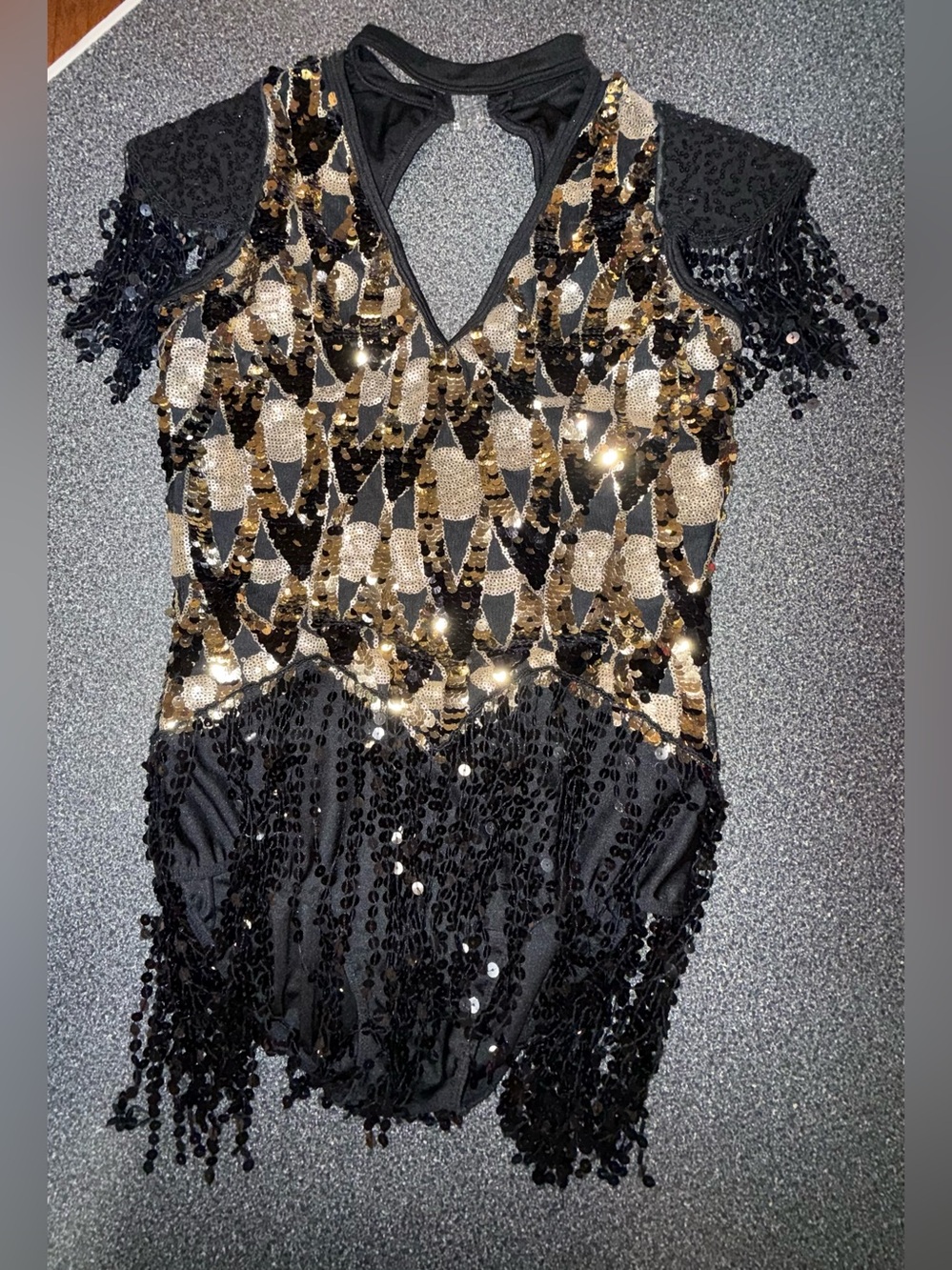 Glamour Dance Costume Black & Gold Sequin Fringe Size Small Adult